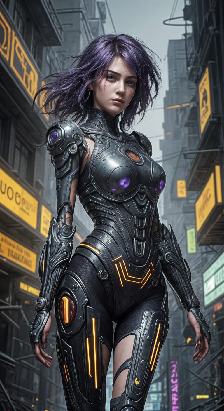 Feminine Cyborg with Auburn Hair in Cyberpunk Style