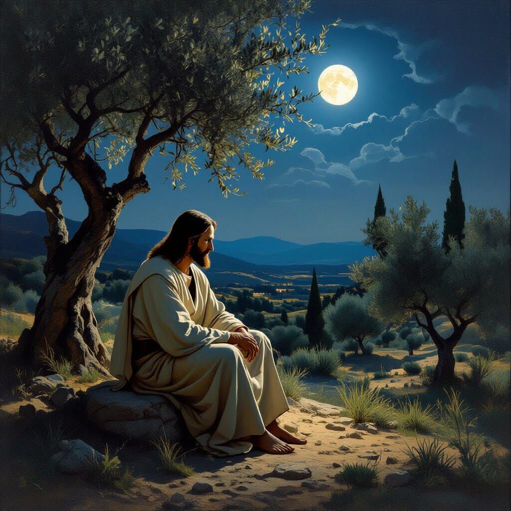 Jesus Contemplates in Moonlit Olive Grove, Baroque and Post-...