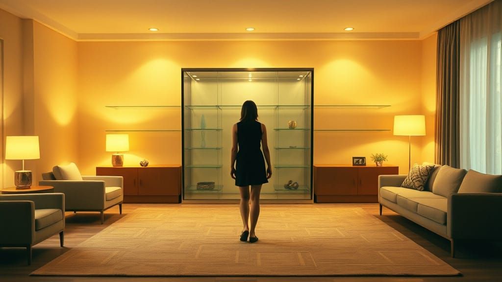 Mid-Century Woman Approaches Empty Display Case in Warmly Li...