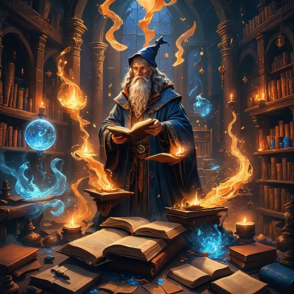 Wizard Casting Spells in Dimly Lit Room