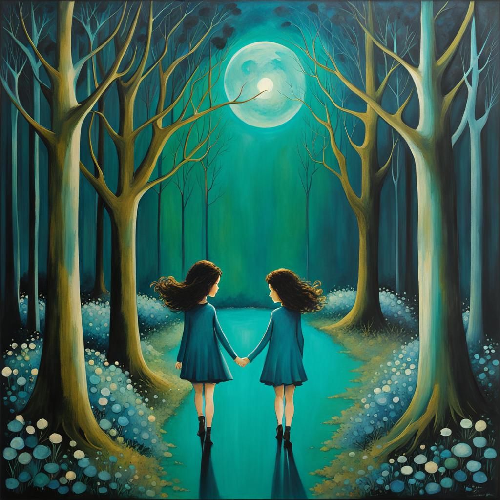 Enchanted Moonscape: Sisters in Art Brut Style