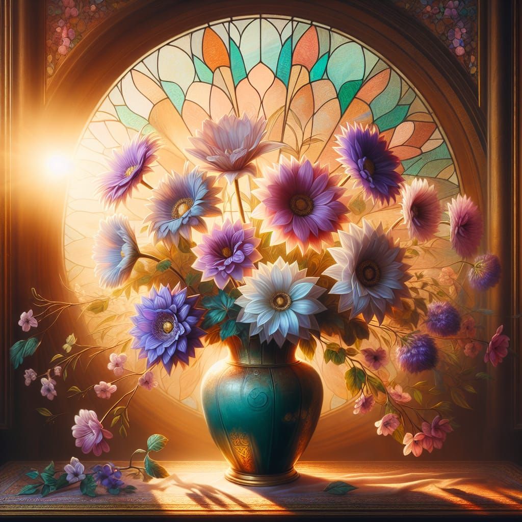 Radiant Flowers in Teal Vase, Late 19th Century Style