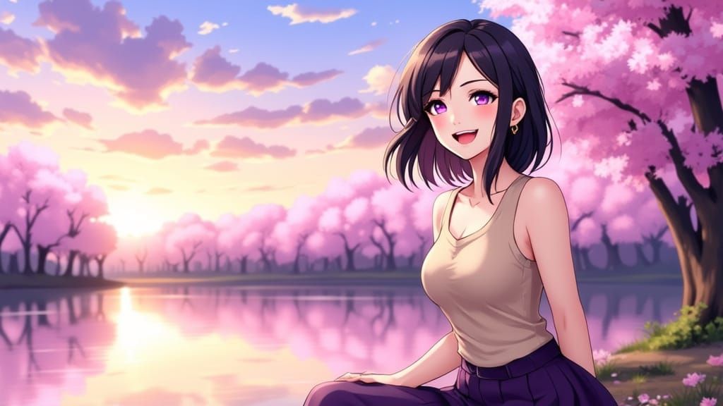 Joyful Anime Woman Laughing by Lake with Sakura Trees
