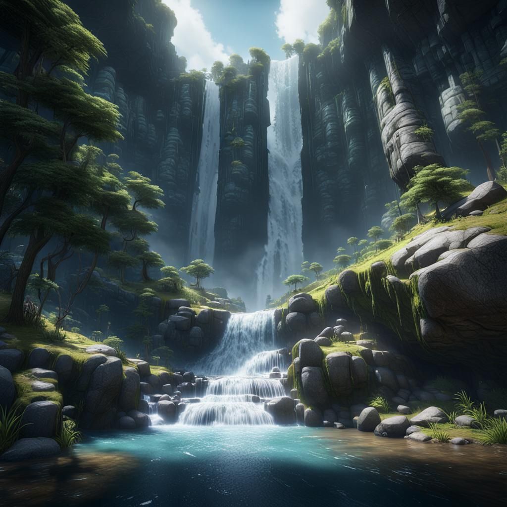 Epic Waterfall Face in 3D Videogame Style