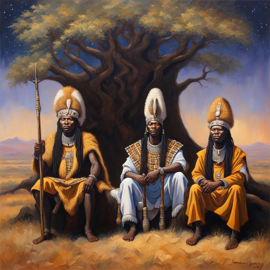 Zulu Kings Under Cosmic Tree, Oil Painting