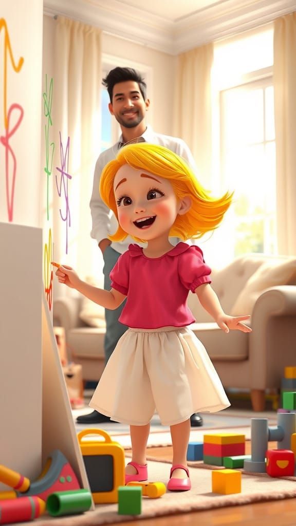 Cozy Family Moment in Whimsical Disney Pixar Style