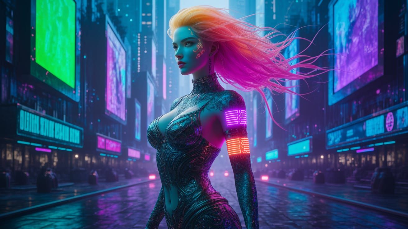 Neon Cyberpunk Goddess Portrait in Art Deco Style