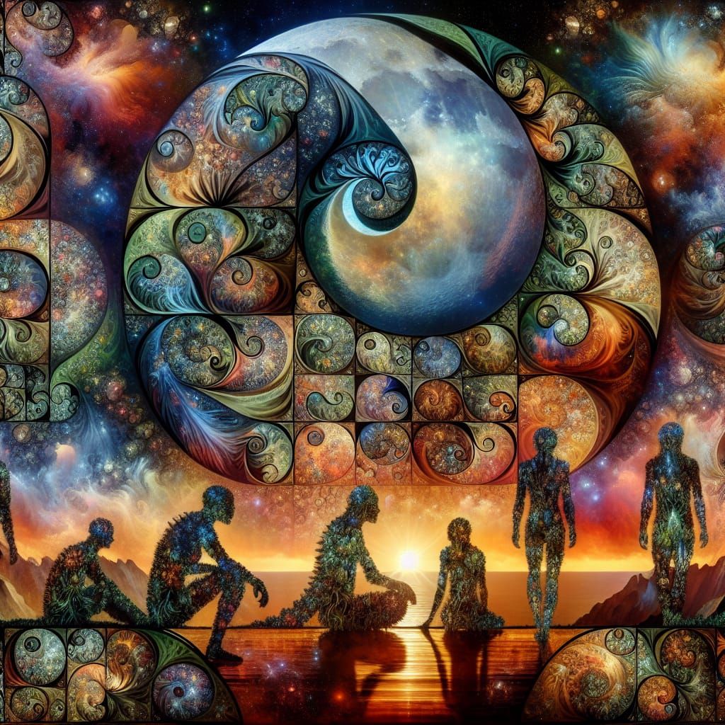 Mythical Beings Gather Under Moonlit Sunset