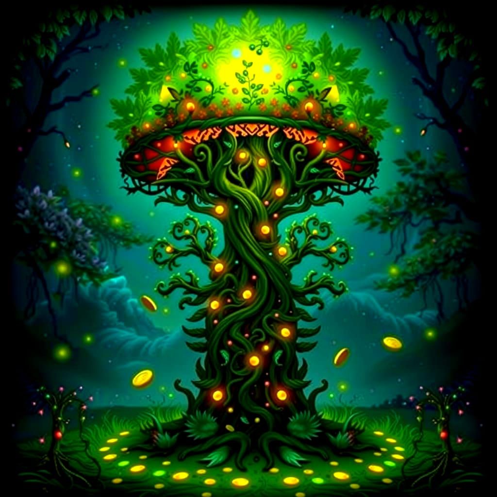 Vibrant Nighttime Scene with Glowing Orbs and Coins