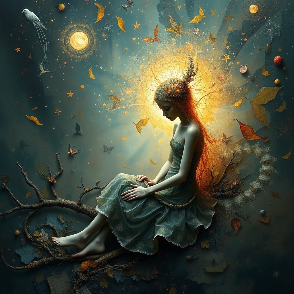 Dreamlike Figure in a Kaleidoscope of Textures and Patterns