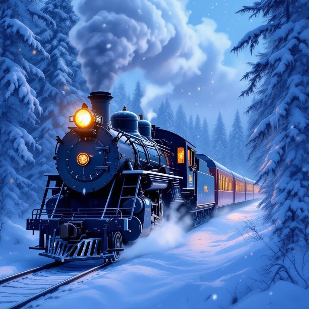 Old Steam Train Through Snowy Forest