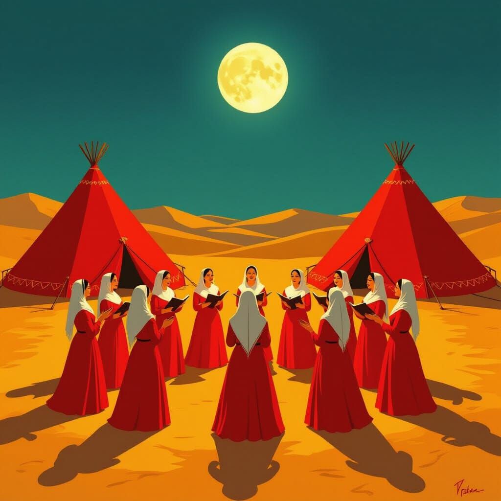 Harmonious Women in Red Under Moonlight