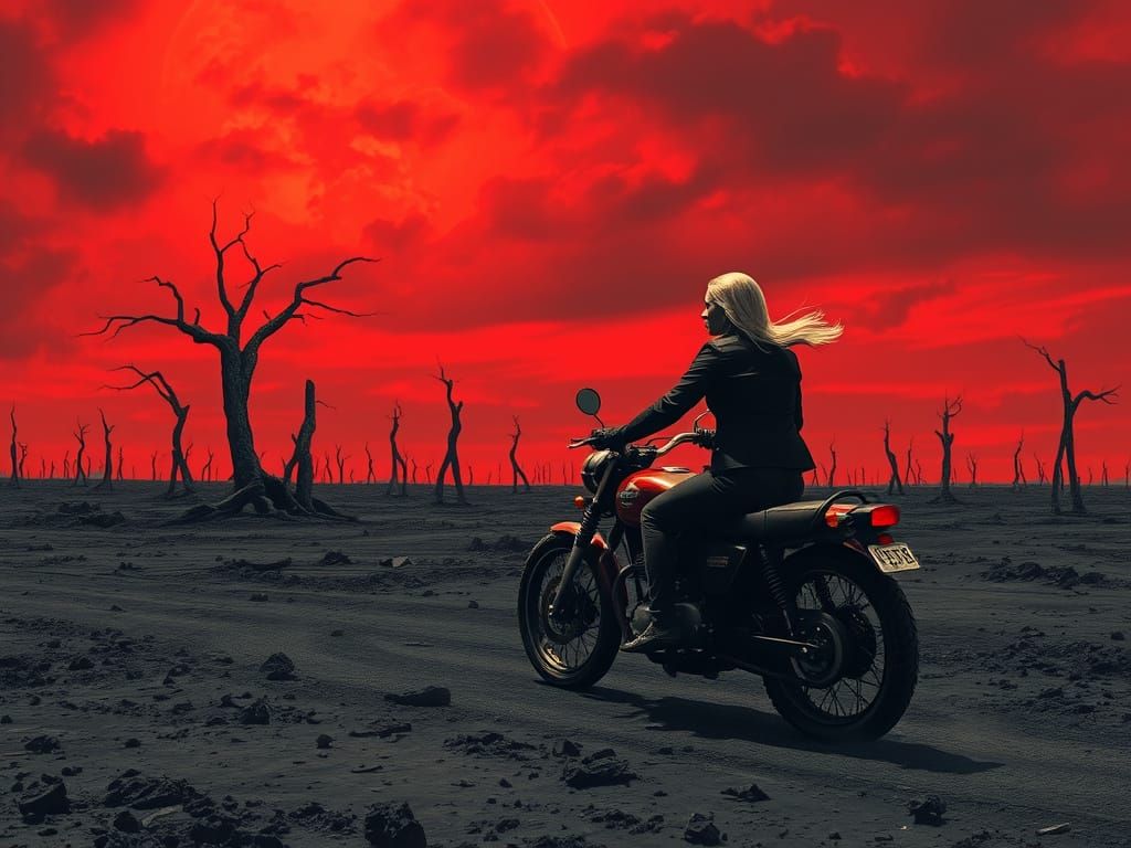 Woman on Motorcycle in Apocalyptic Wasteland