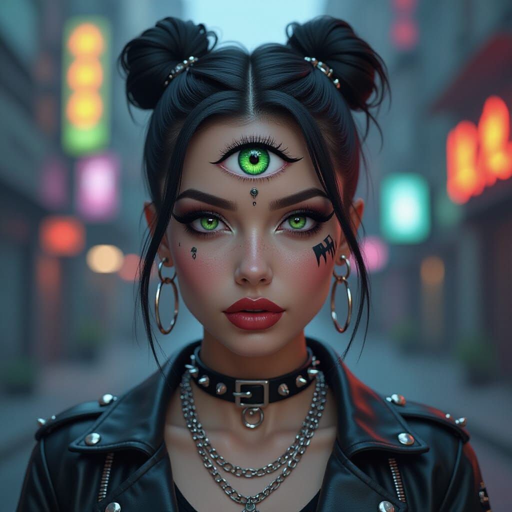Punk Emerald Eye Woman in Cyberpunk Style