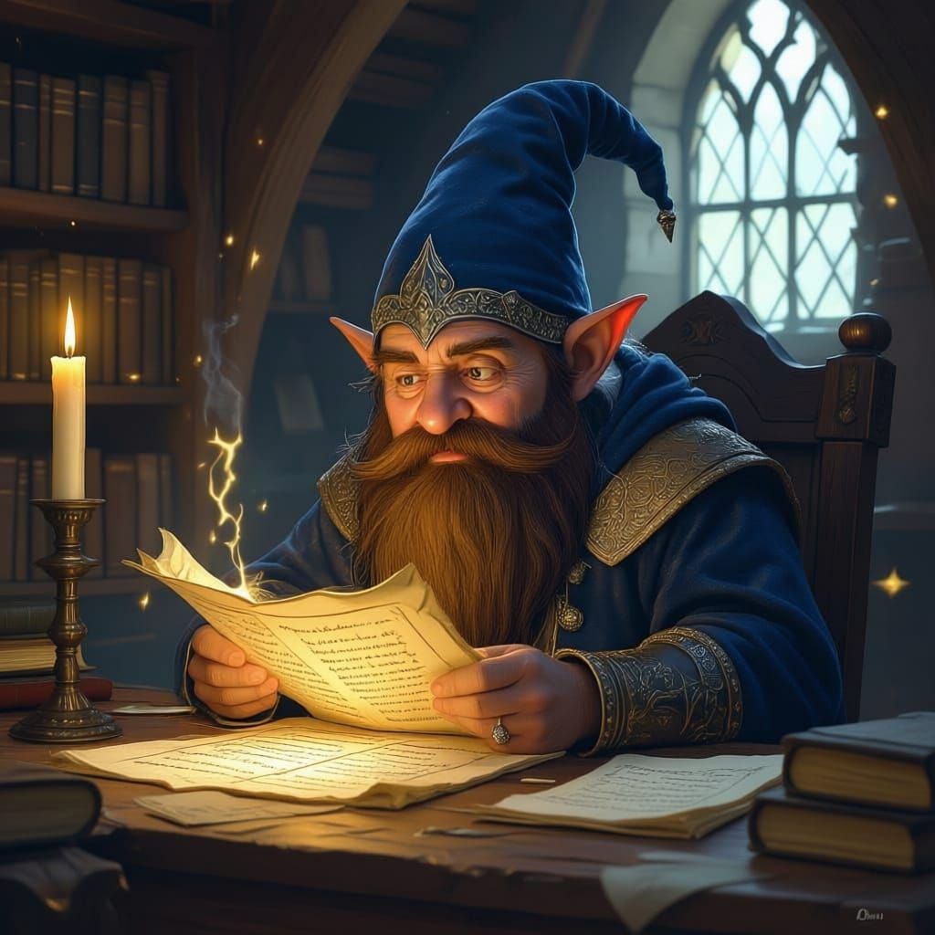 Gnome Wizard Studies Ancient Scroll in Dimly Lit Study