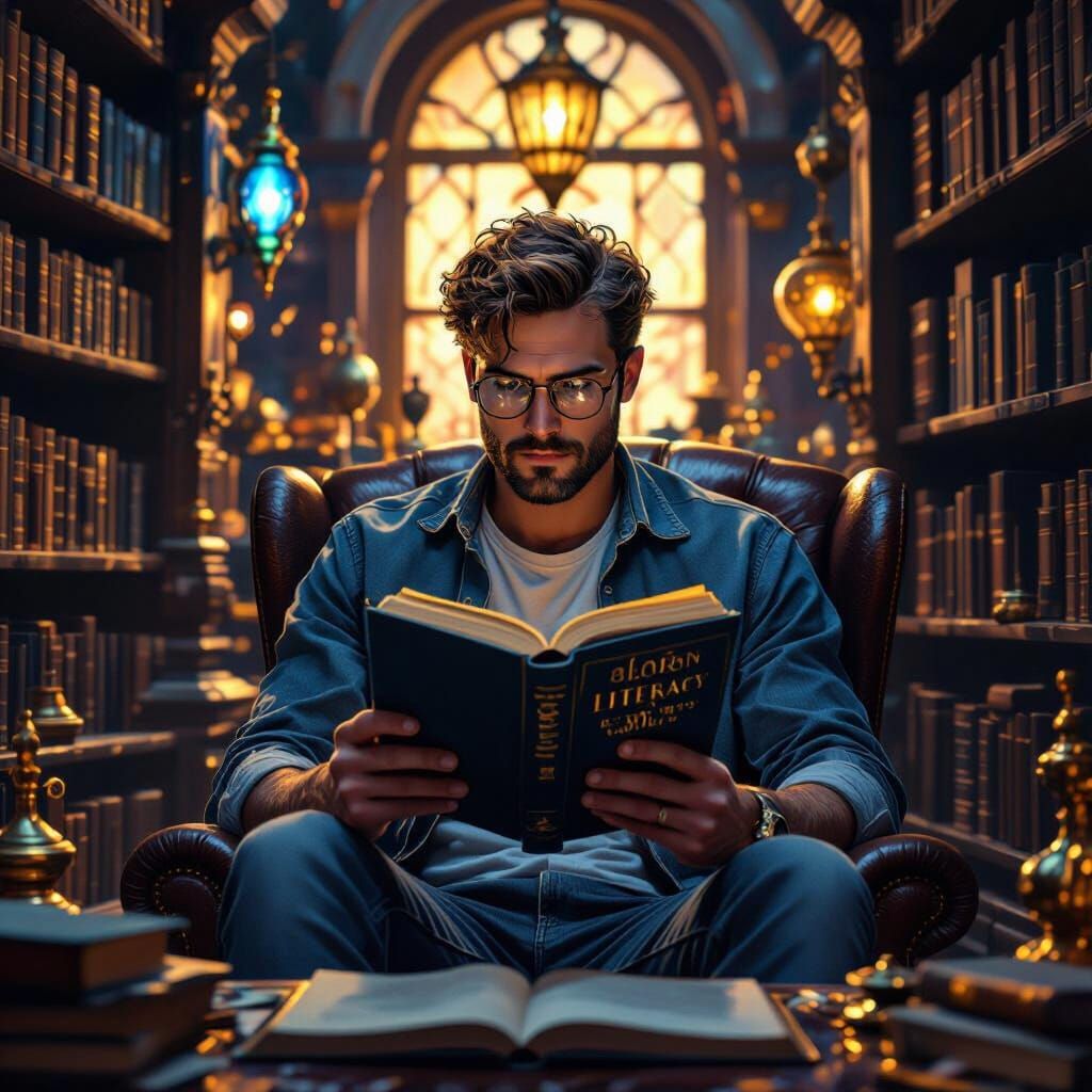 Man Reads AI Literacy in Mystical Library