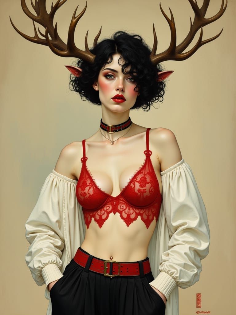 Punk Goth Woman with Stag Antlers and Crop Top