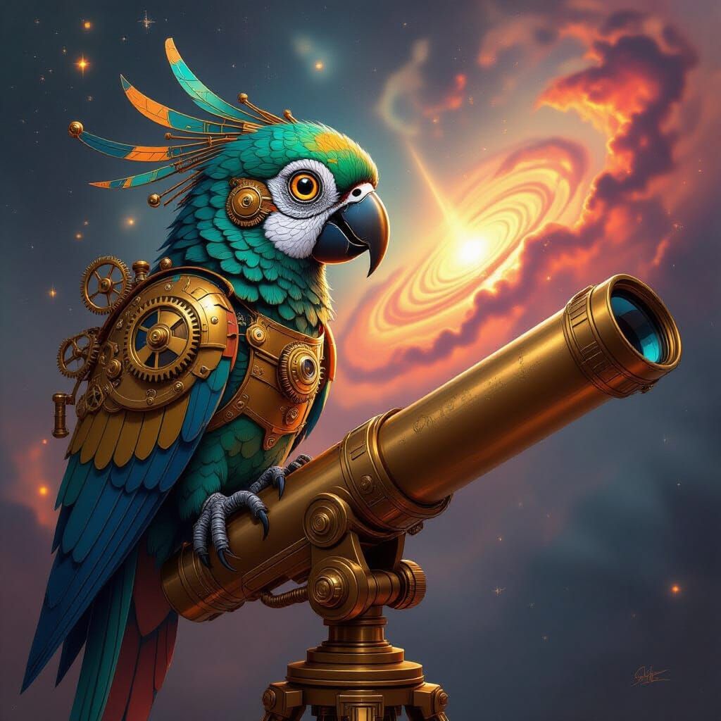 Steampunk Clockwork Parrot on Telescope Gazing at Nebula