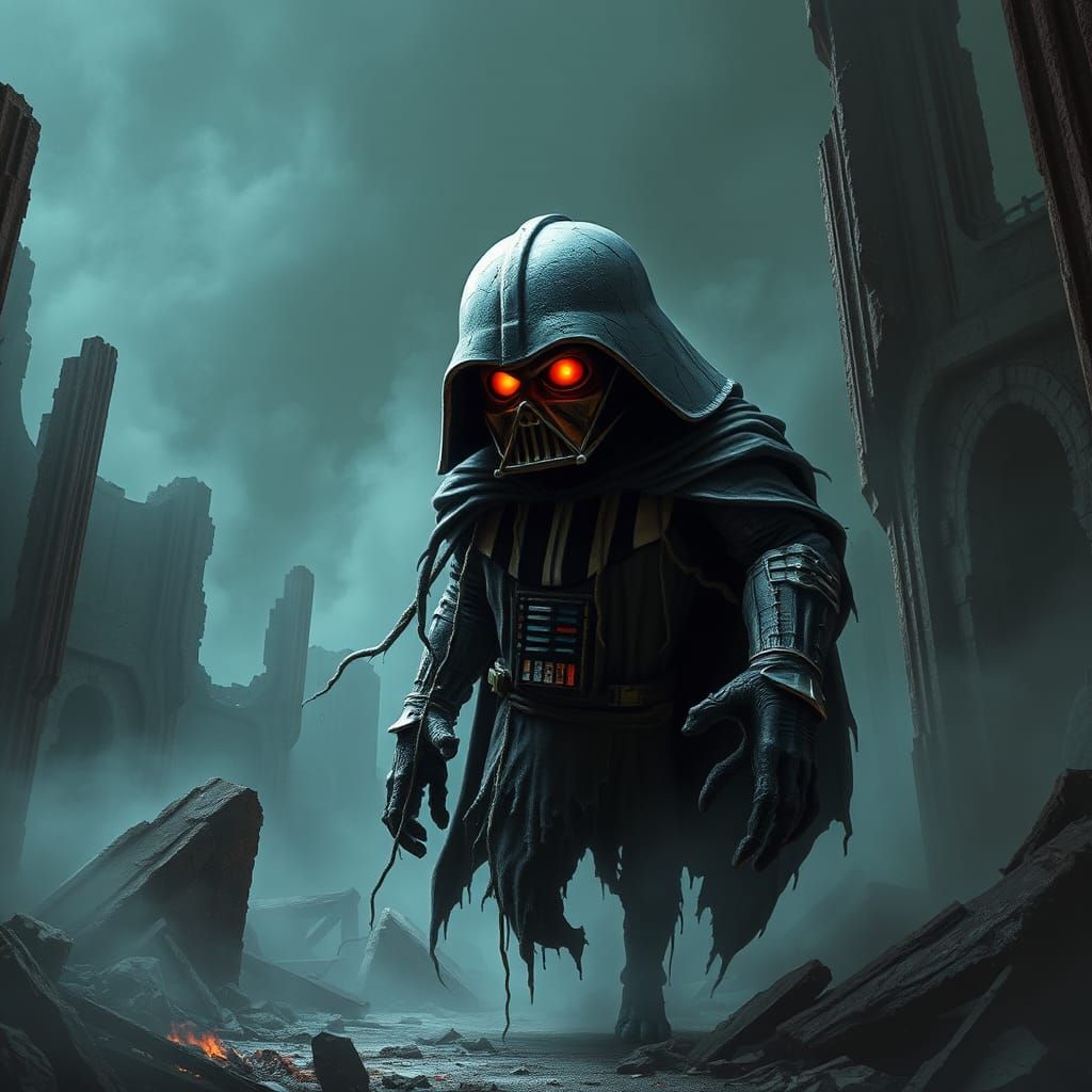 Undead Cyborg Floating Over Misty Ruins as Claymation