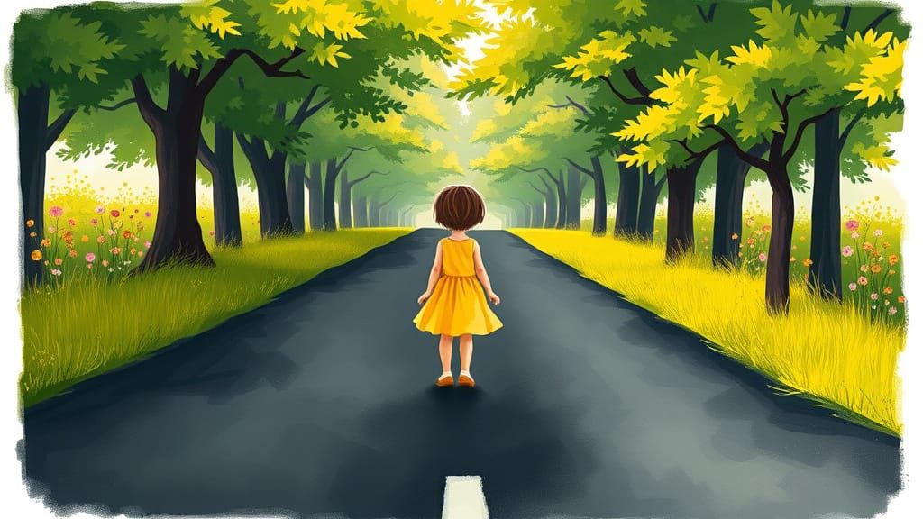 A Young Child Stands at a Crossroads in Whimsical, Emotional...