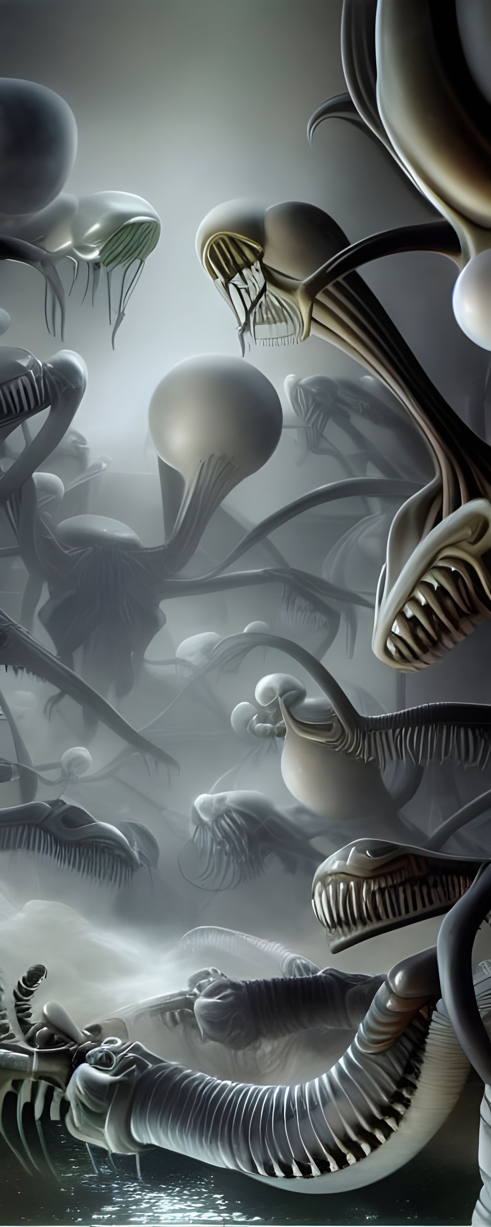 Hyperrealistic Xenomorph Meeting Place in Smokey Ambiance