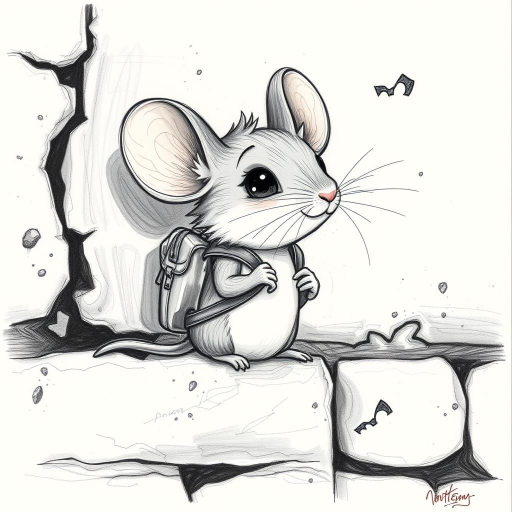 Shy Mouse with Backpack in Expressive Pencil Style