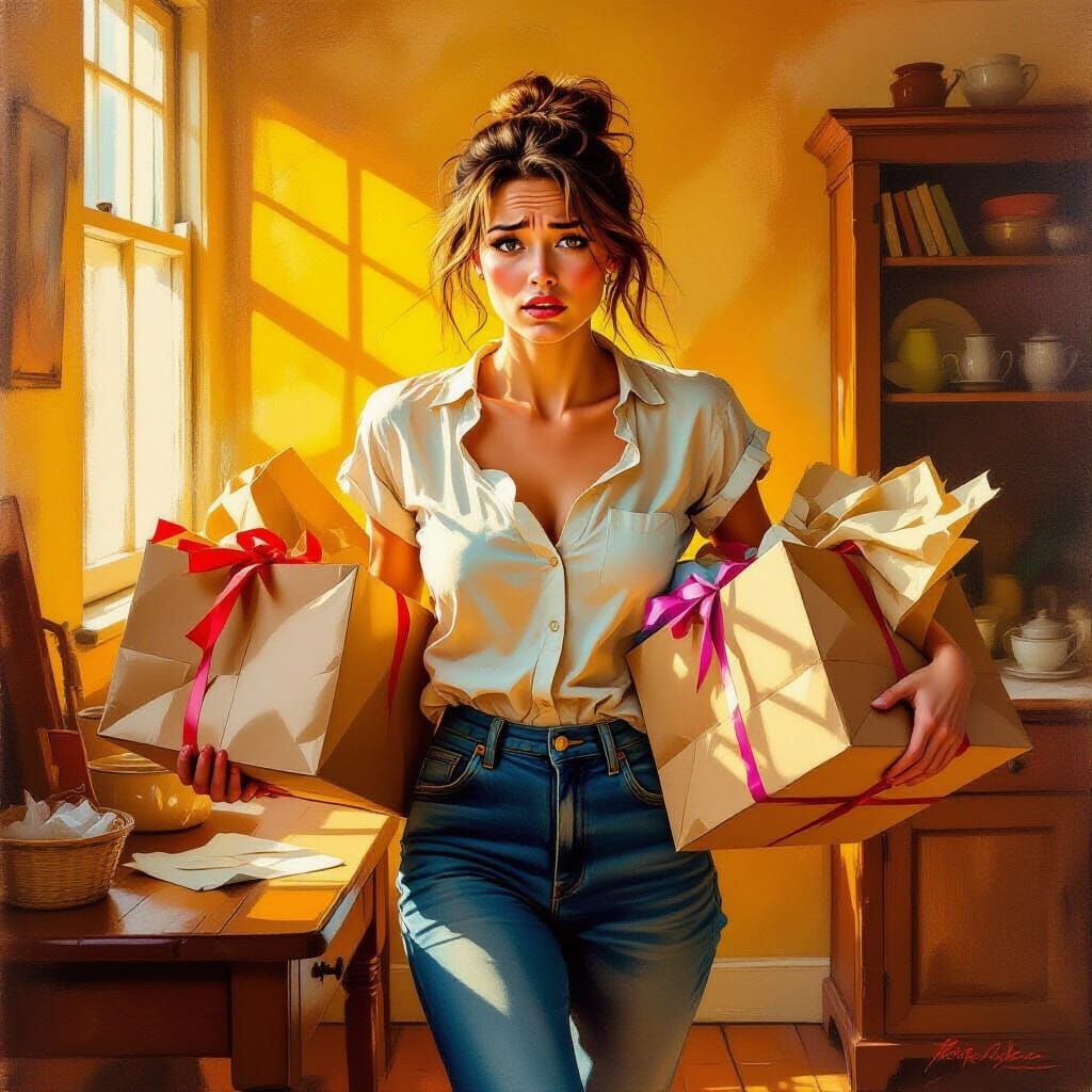 Frazzled Wife with Parcels, Expressive Brushstrokes