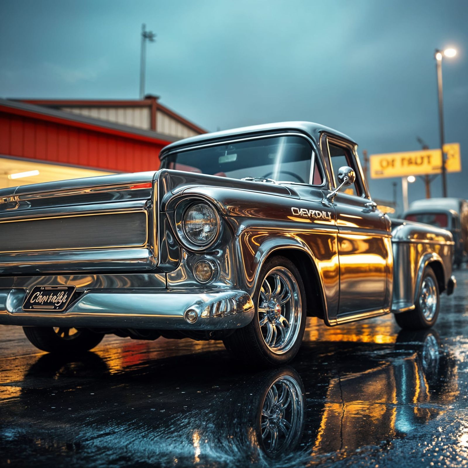 A 1957 chevy short bed pickup, as seen from the side, done completely in chrome. Cinematic film still, shot on v-raptor ...