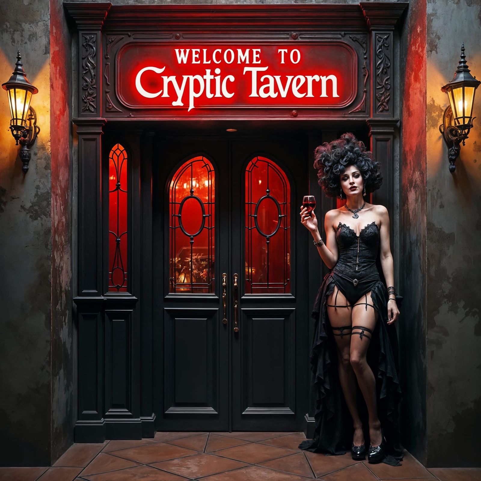 Gothic Horror Pub Entrance with Burlesque Mannequin