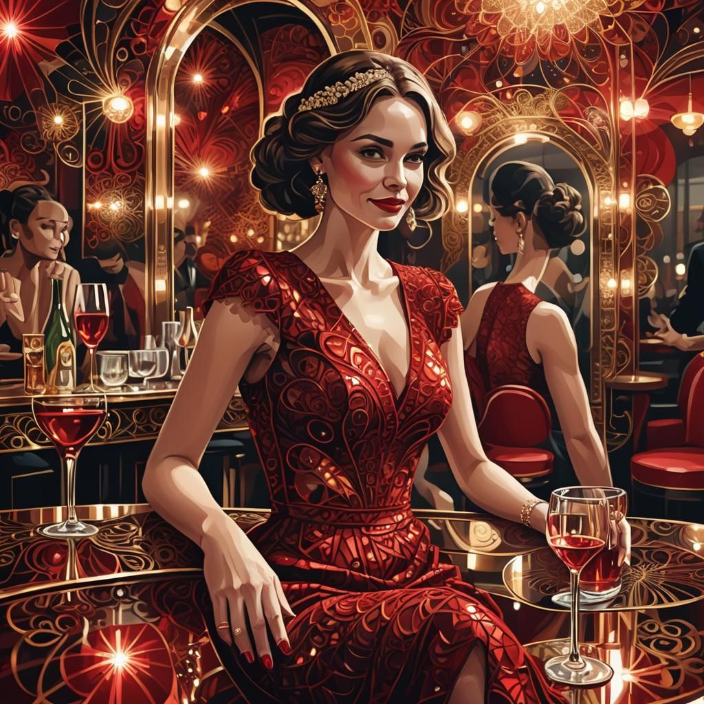 Glamorous Woman in Red Dress at Bar in Low Poly Style