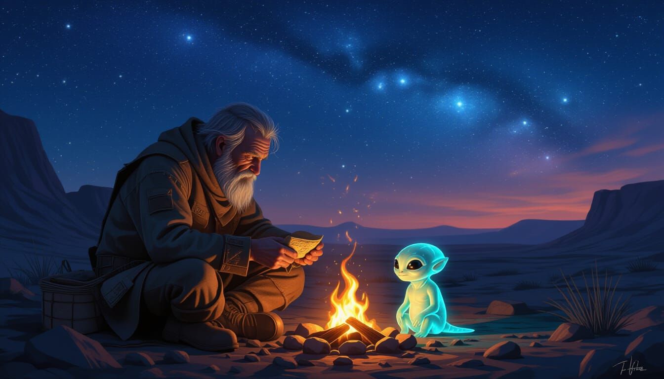 Compassionate Traveler Aids Injured Alien Under Starry Sky