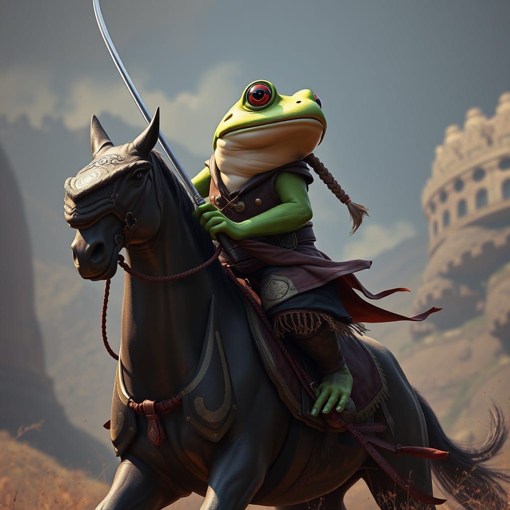 Fantastical Frog Warrior Rides Horse in Epic Landscape