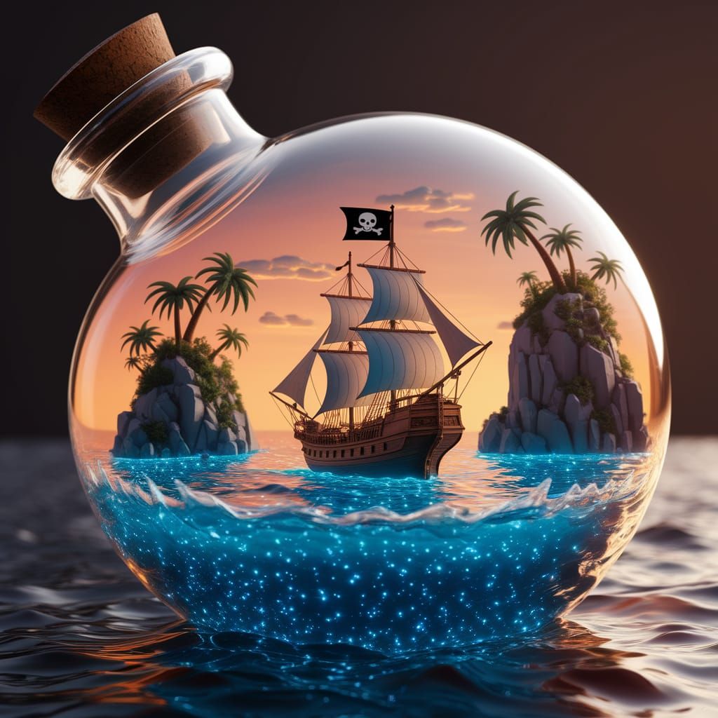 Miniature Pirate World in Glass Bottle, Surreal Art