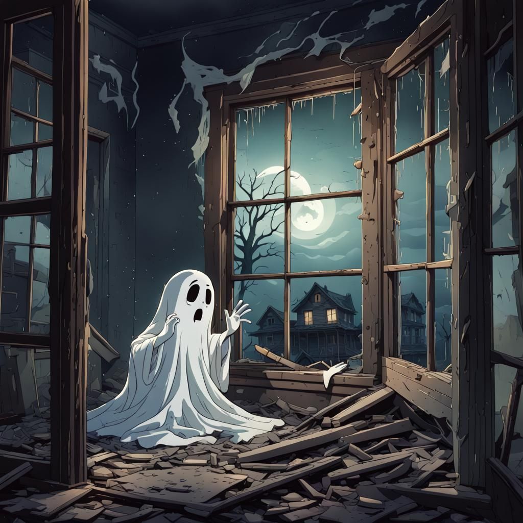 Ghost Repairs Window in Anime Cartoon Style