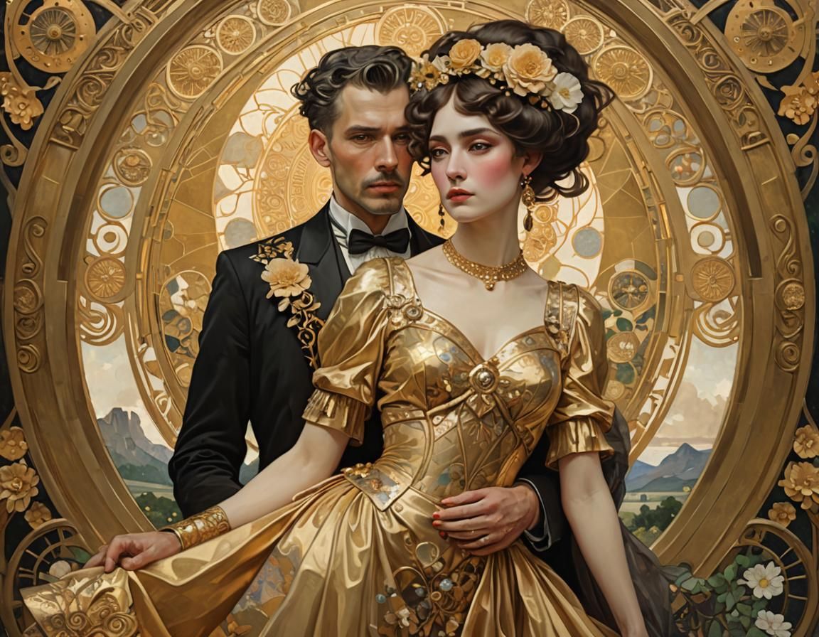 Romantic Couple in Gold, Klimt-Inspired Digital Painting