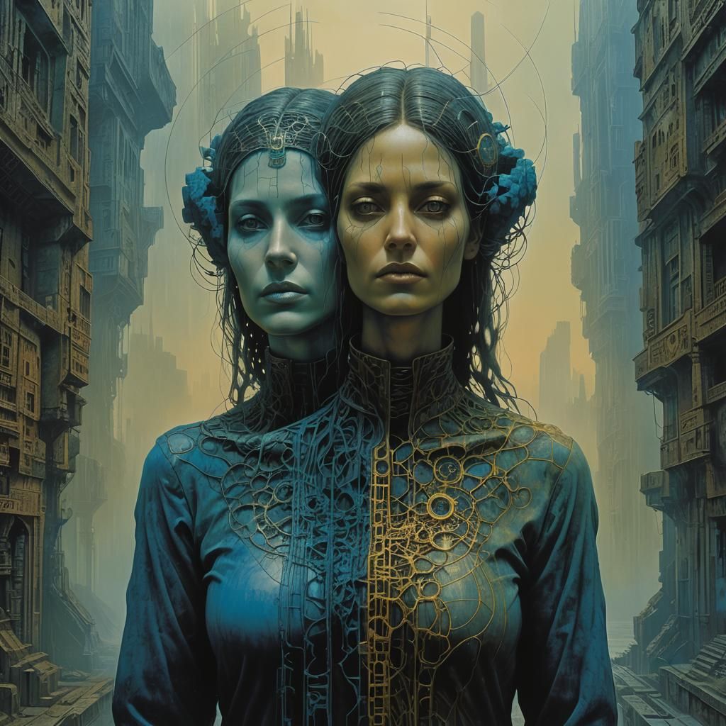 Two-Headed Netrunners in Dark Fantasy Style