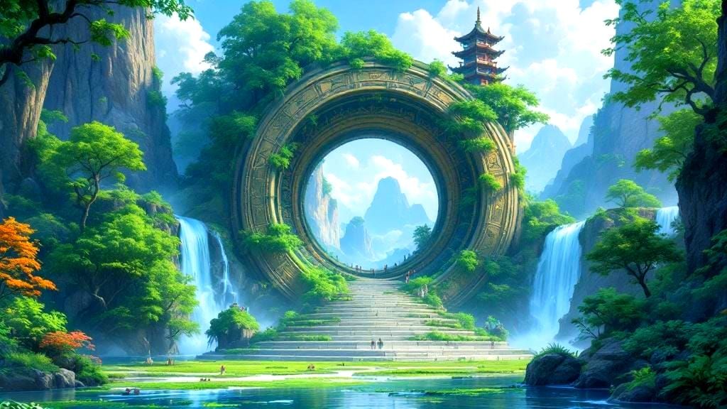 Fantasy Landscape with Portal, Ghibli-Inspired Digital Art
