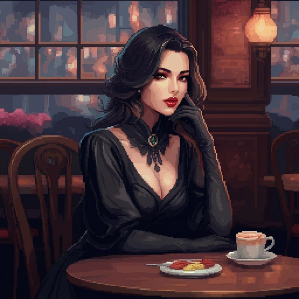 Mysterious Woman at Cafe in 8-bit Pixel Art