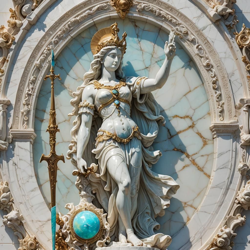 Poseidon Marble Statue with Ornate Opal Spear