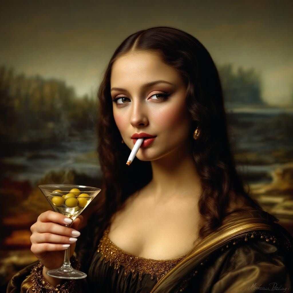 Mona Lisa with Martini in Hyperrealism Style