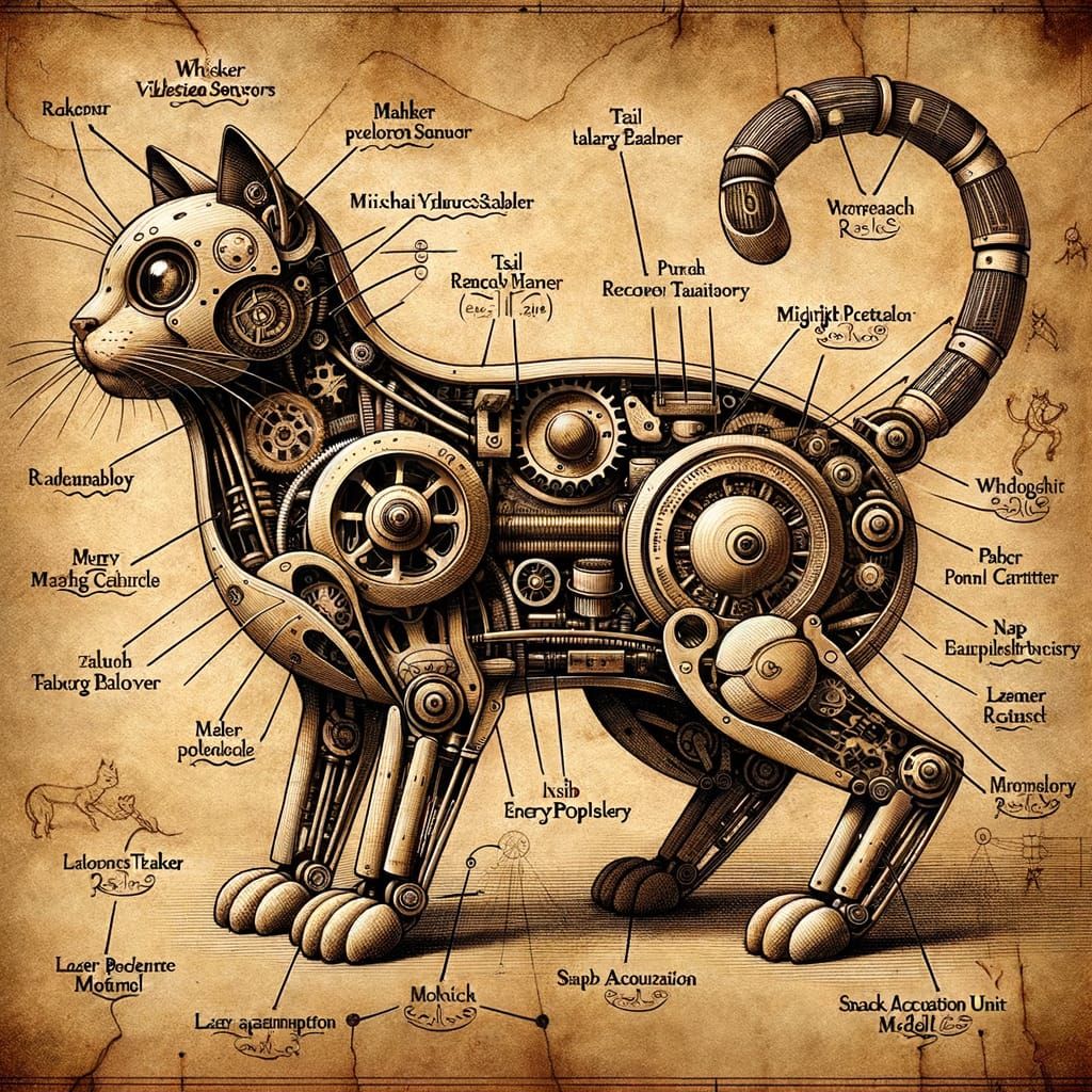 A highly detailed, hand-drawn Da Vinci-style technical schematic of a robotic cat. The drawing is sketched with sepia in...