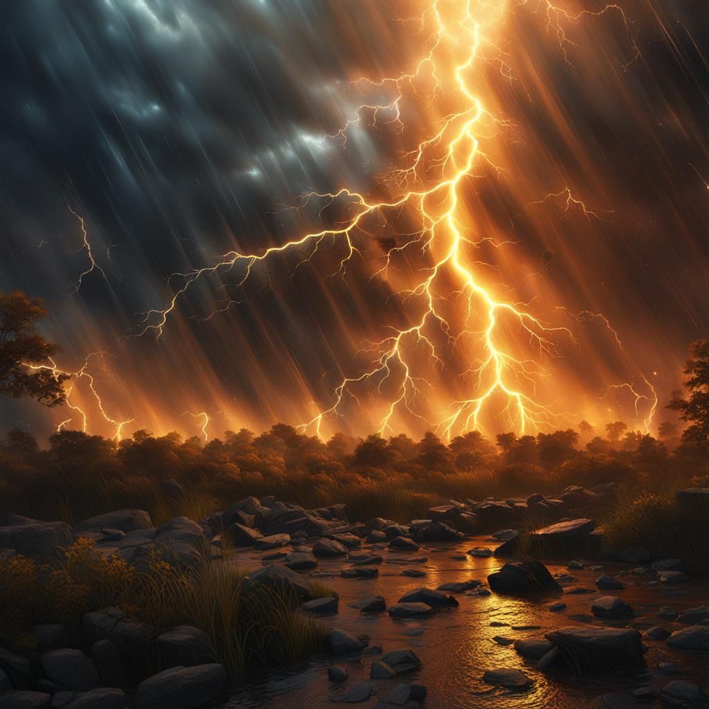 Golden Sun in Storm with Lightning, Detailed Matte Painting