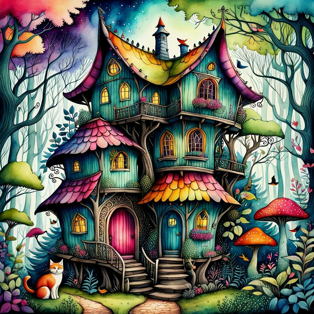 Mystical Cottage in Whimsical Forest: Watercolour and Zentan...