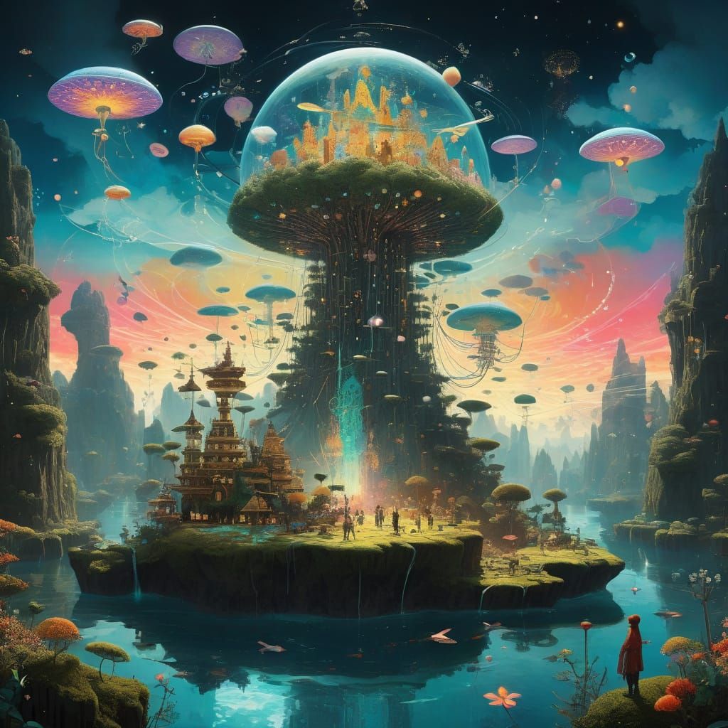 Chaotic Battle on Floating Island in Psychedelic Art Style