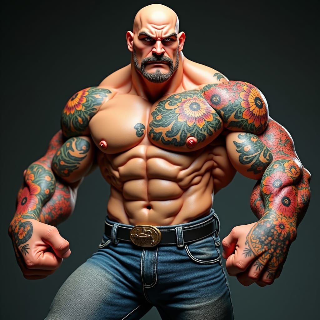 Mario Bros Inspired Muscular Tattooed Figure