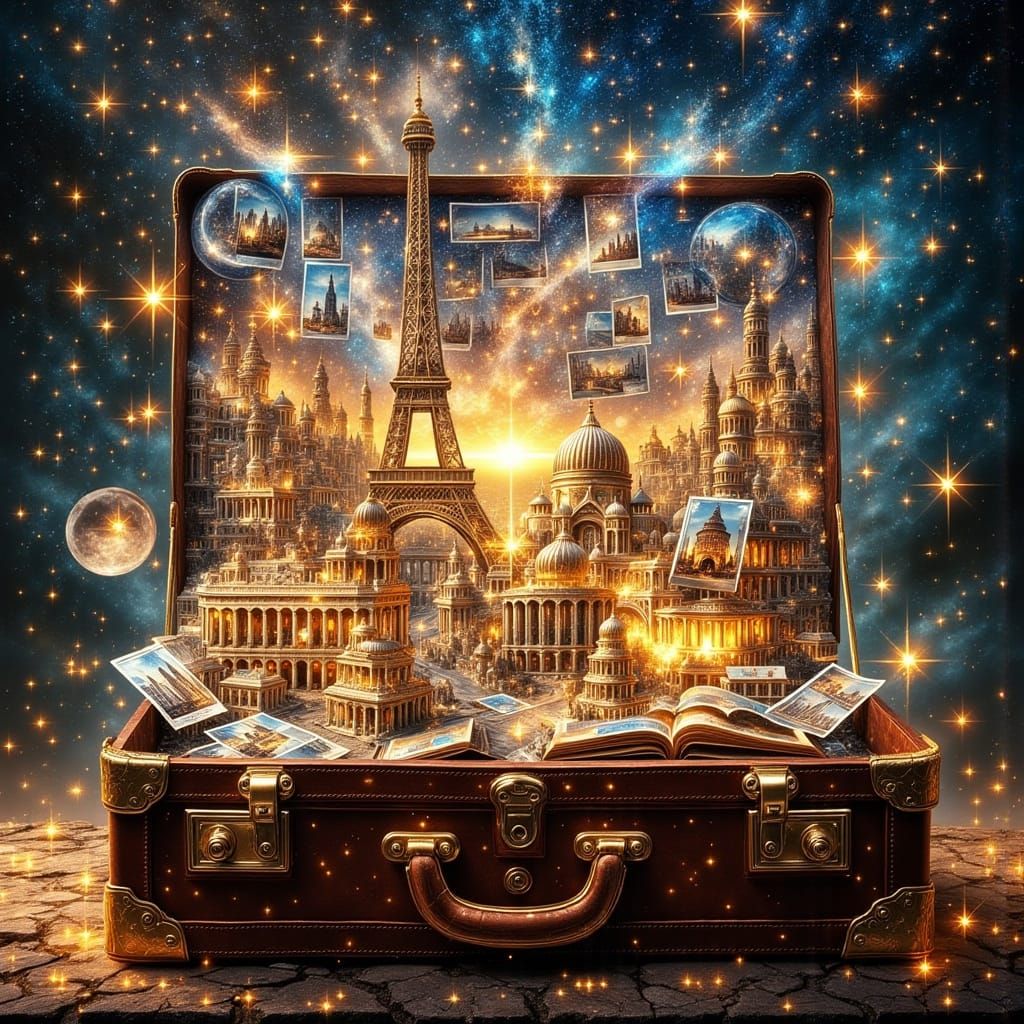 Floating Suitcase in Space with Postcards and Landmarks