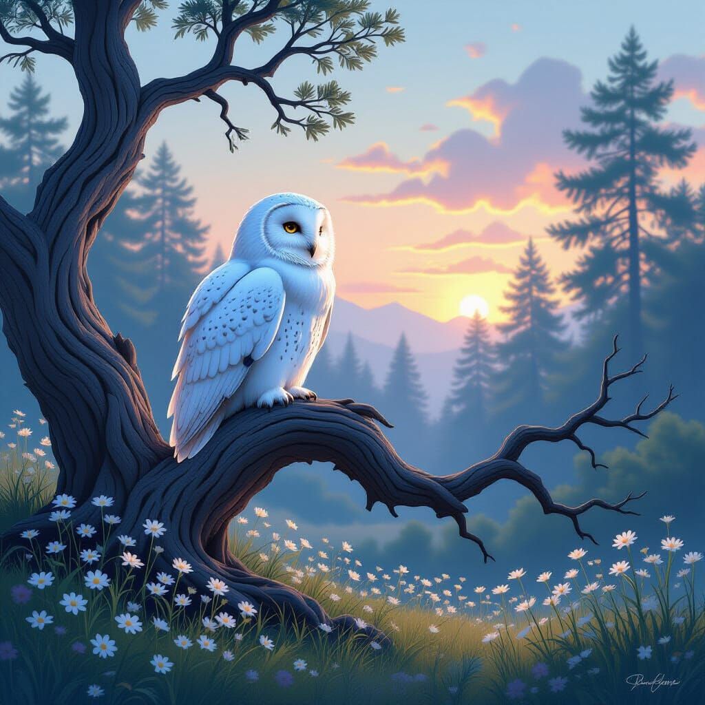 Majestic Snowy Owl in Ethereal Twilight Forest
