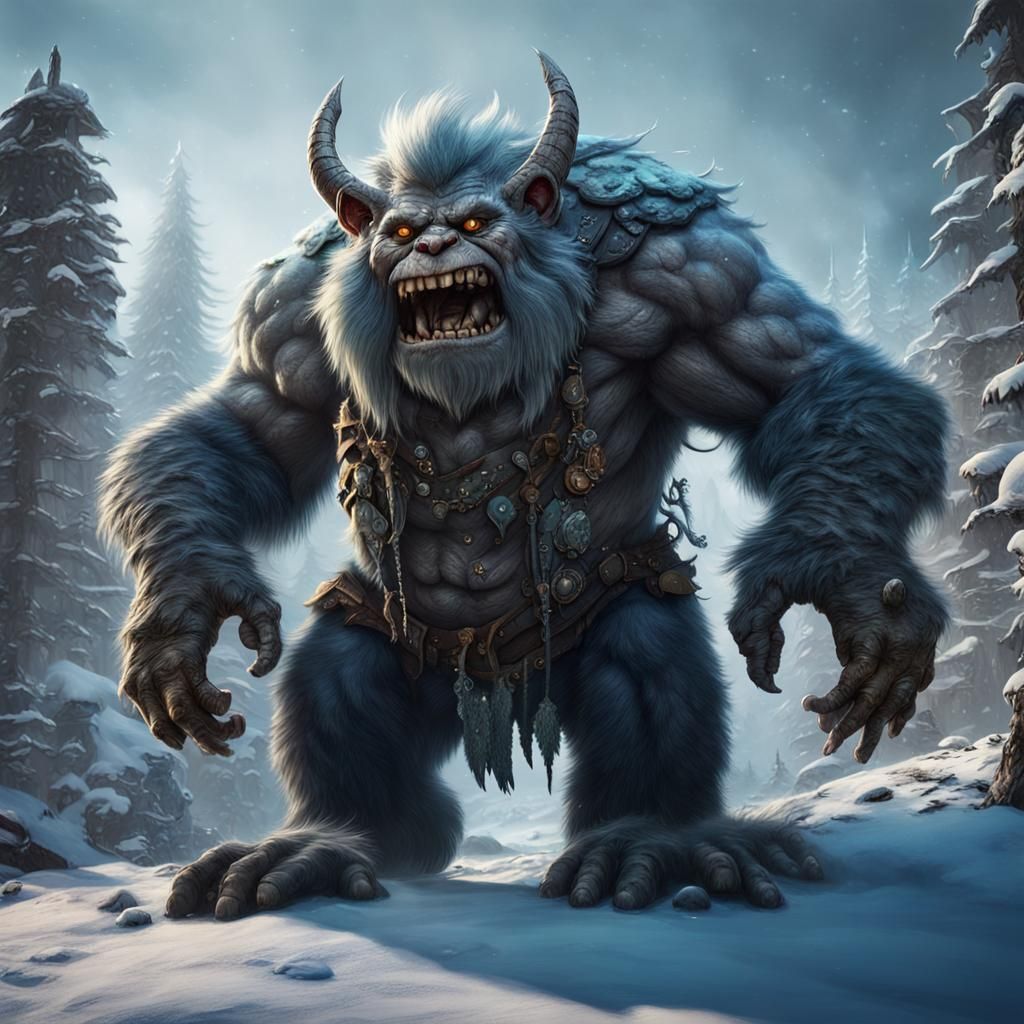 Giant Furry Troll in Snowy Forest: Digital Art