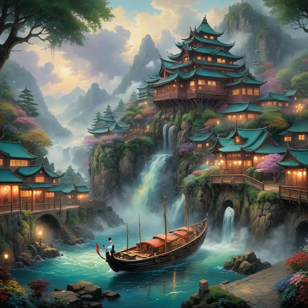 Ethereal Fantasy Scene in Spirited Away Style