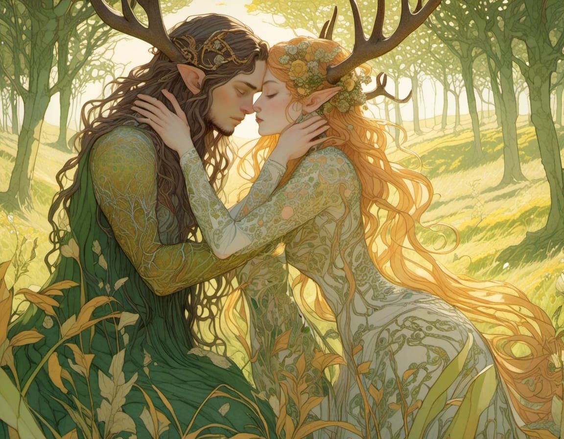Gaia and Cernunnos Embrace in Art Nouveau Style